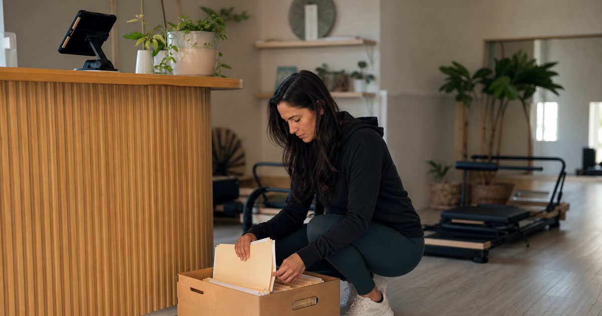 A small pilates studio reception area with a wooden counter, a tablet on a stand, a cardboard box of paper folders on the floor, a woman owner sorting files, potted plants and soft natural light, no visible text