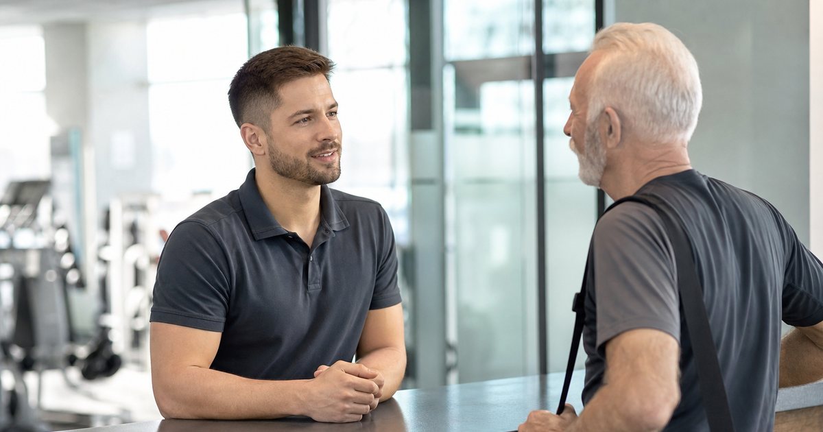 Front desk of a modern fitness gym, a staff member in a plain polo shirt talking calmly with an older male member holding a gym bag, a tablet lying face down on the counter, natural daylight, no visible text