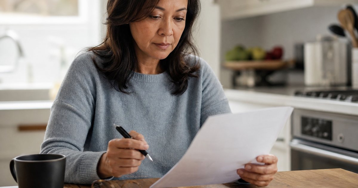 A woman at a kitchen table reading a printed document with a pen in hand, a mug of coffee and reading glasses beside her, soft morning window light, the page angled so no text is legible