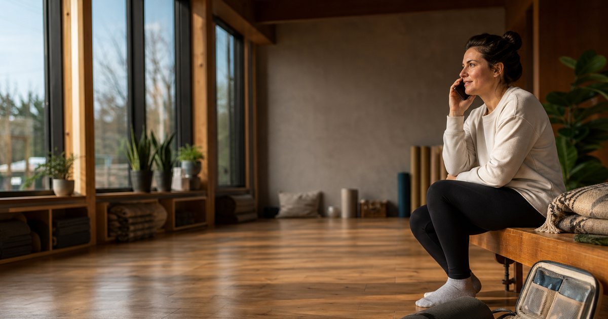 An empty yoga studio in late afternoon, a rolled exercise mat and an open first aid kit on a polished wood floor, a studio owner sitting on a low wooden bench holding a phone to their ear, warm daylight through tall windows