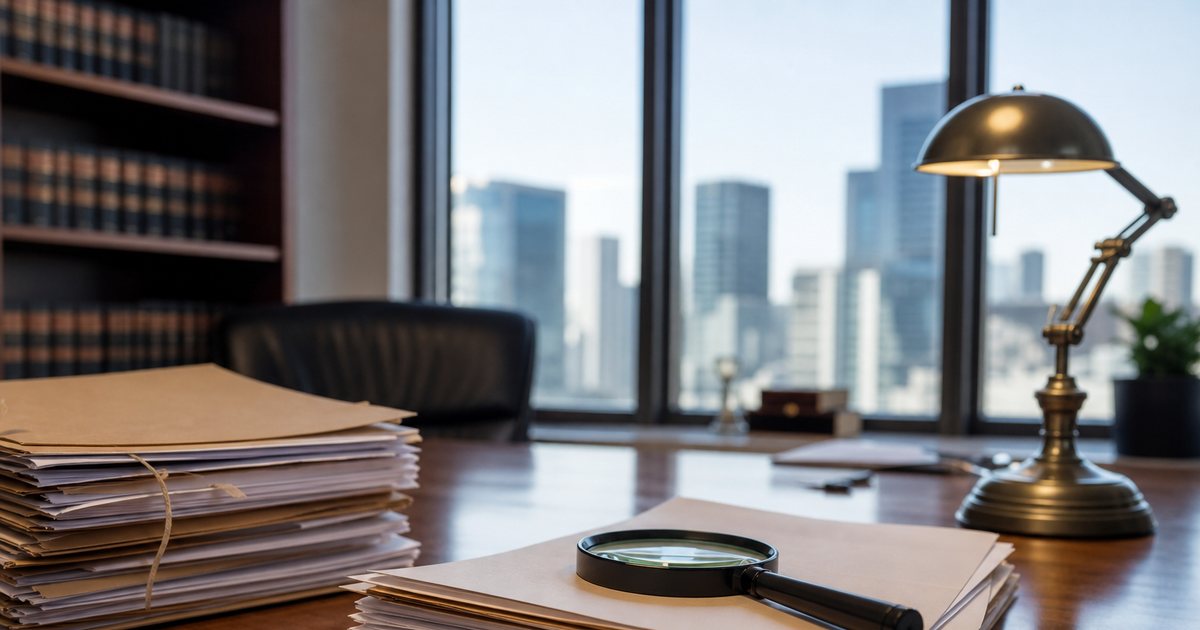 A lawyer's office desk with a stack of paper folders, a magnifying glass resting on a document, a brass desk lamp and a window with a city view, papers angled so no text is legible