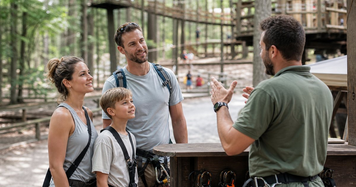A family of tourists at the reception of a zipline adventure park in a forest, a guide wearing a harness explaining with hand gestures, wooden structures blurred in the background, dappled sunlight through trees, no readable text
