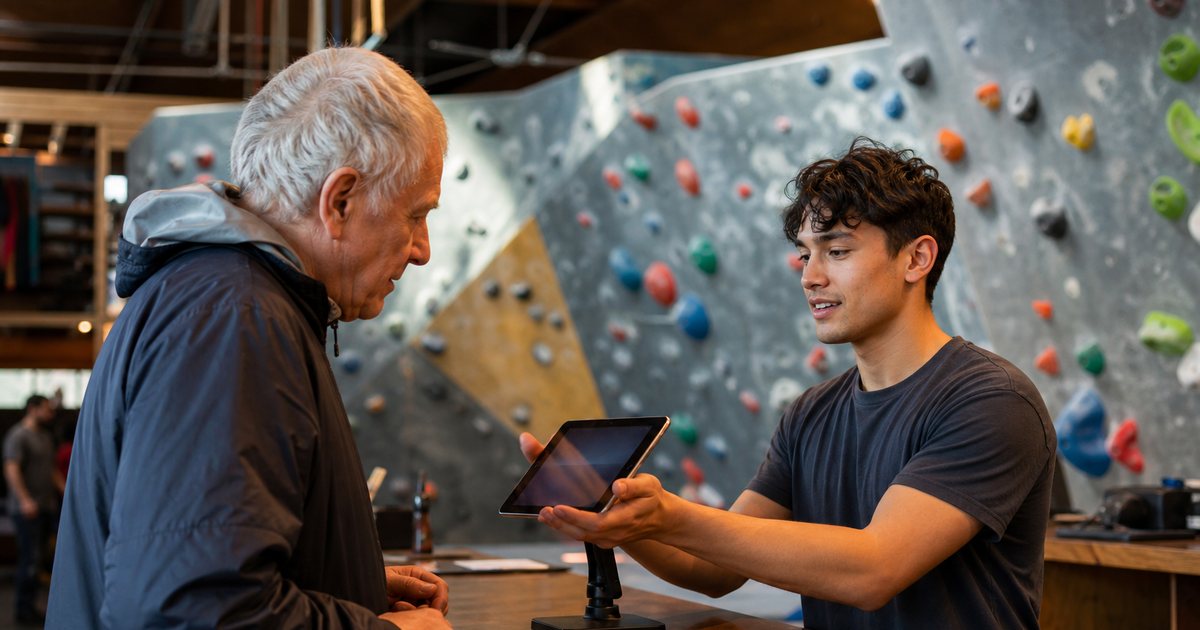 An elderly man in a windbreaker standing at the front desk of an indoor climbing gym, a young staff member holding out a tablet on a stand toward him, chalk-dusted climbing walls behind them, warm indoor lighting, no readable text
