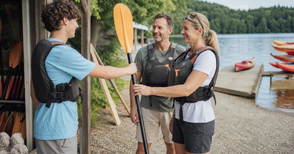 A kayak rental shack on a lake shore, a young employee handing a paddle to a returning couple wearing life jackets, a wooden dock and stacked kayaks in the background, bright summer afternoon, no visible text