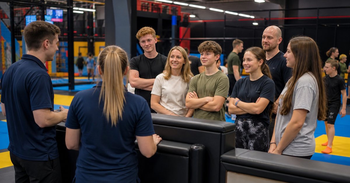 A busy indoor trampoline park entrance at midday, a small group of adults and teenagers waiting behind a padded barrier while two staff members in plain navy polo shirts greet them, bright even overhead lighting, colorful padded flooring
